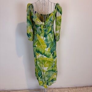 Blueman Rio Lifestyle tropical banana leaf print midi dress SZ SP tie bust rayon